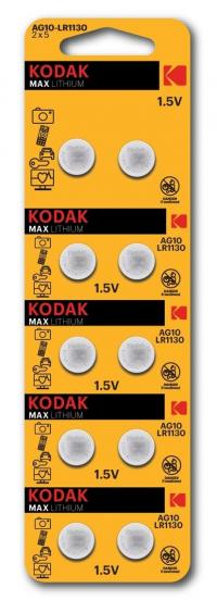 Батарейка "Kodak" Max Super Alkaline AG10-LR1130 бл10 (10/100) /389, LR54/